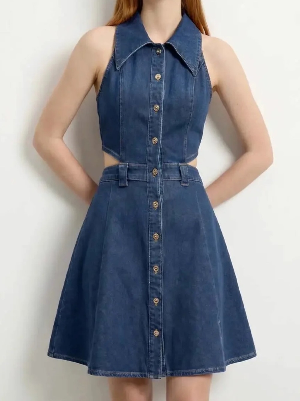 Urban Revivo Sleeveless Shirt Collar Cutout Button Front Denim Mini Dress XL